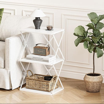 3-Tier End Table Set of 2 Small Side Table Tall Bedside Night Stand with Storage Sofa Side desks for Living Room Bedroom Office Bathroom Small Space White ET-03W-2