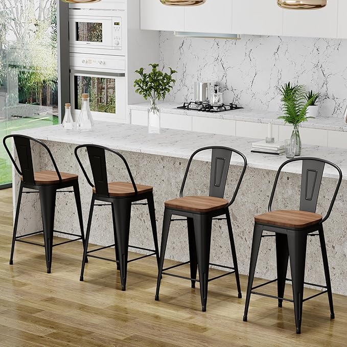 Changjie Furniture 24 Inches Metal Barstools Set of 4 Counter Height Bar Stools Industrial Stools with Backs High Back Chairs for Kitchen Island (24 Inch, Black)
