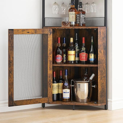 GarveeHome Corner Wine Cabinet with Detachable Wine Rack, 5-Tier Industrial Corner Bar Cabinet with Barn Door and Glass Holder, Farmhouse Buffet Cabinet and Home Bar, Rustic Brown