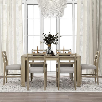 Ball & Cast 7 Piece Dining Table Set with 6 Upholstered Chairs,Living Room Desk W/ 71.5" Rectangle Extendable Leaf and 2 Drawers,for Restaurant,Home Bistro,Natural Wood Wash