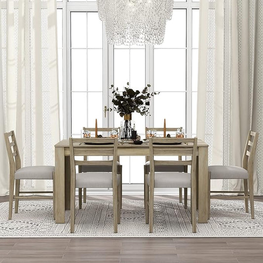 Ball & Cast 7 Piece Dining Table Set with 6 Upholstered Chairs,Living Room Desk W/ 71.5" Rectangle Extendable Leaf and 2 Drawers,for Restaurant,Home Bistro,Natural Wood Wash