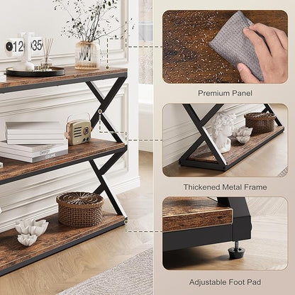 47.2 Inch Rustic Console Table, Industrial Entryway Table with 3-Tier Shelves - Long Hallway Sofa Table, TV Stand & Media Center for Living Room, Vintage Brown