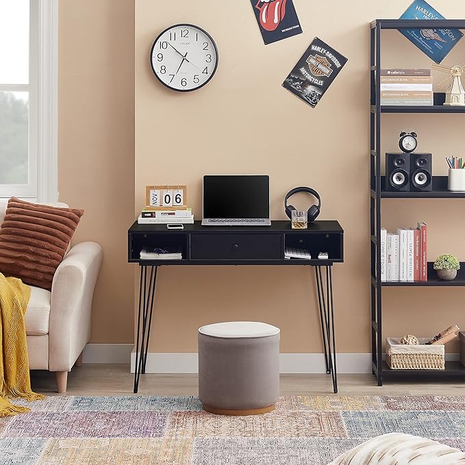VECELO 39.3" Home Office Work Table with Drawers,Computer Desk with Hairpin Leg for Writing/Study,Black
