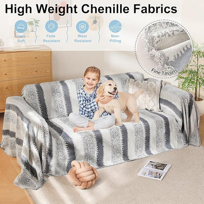 Boho Sofa Cover, Couch Cover Blanket, Sofa Covers for 2 Cushion Couch, Washable Sectional Couch Covers for Dogs Pet Furniture Protector Sofa Blanket Cover for Living Room(1# Grey, 71" x 118")