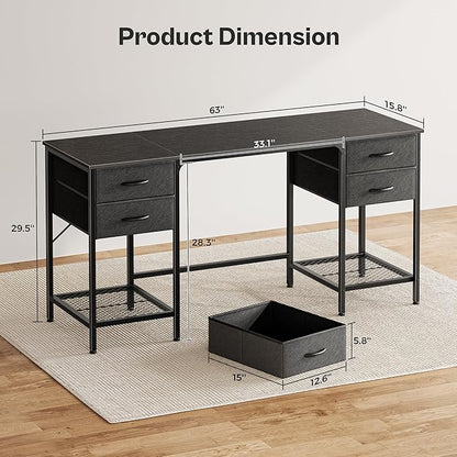 Huuger 63 Inch Computer Desk with 4 Drawers, Mesh Shelf, Gaming, Large Storage, Writing Work Desk for Home, Study, Bedroom, Work from Home, Black