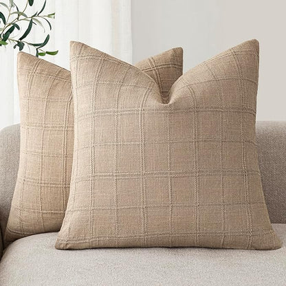 Foindtower Set of 2 Decorative Linen Check Throw Pillow Covers Neutral Farmhouse Vintage Cushion Covers Modern Coastal Boho Home Decor For Sofa Chair Couch Bedroom Living Room Outdoor,26×26 Inch,Camel