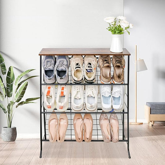 Narrow Shoe Rack for Front Door Entrance,4-Tier Shoes Rack Storage Organizer with 3 Slanted Shelves and Top Shelf for Entryway,Skinny Space Saving Shoe Rack, Black