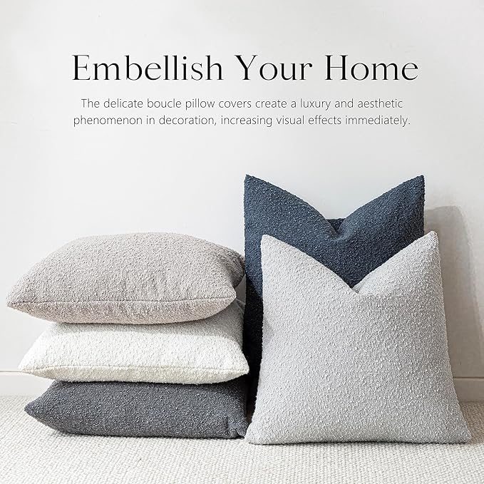 Foindtower Pack of 2 Textured Boucle Throw Pillow Covers Accent Solid Decorative Lumbar Pillow Cases Cozy Woven Couch Cushion Case for Sofa Bedroom Living Room Home Decor, 12 x 20 Inch,Light Grey