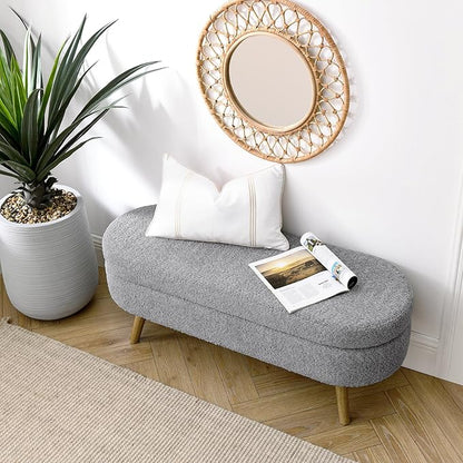 Oval Storage Bench 43.5" Linen Fabric Upholstered Entryway Bench with Solid Wood Legs Ottoman Bench Indoor Bench for Living Room/Bedroom/End of Bed/Entryway (New Grey)