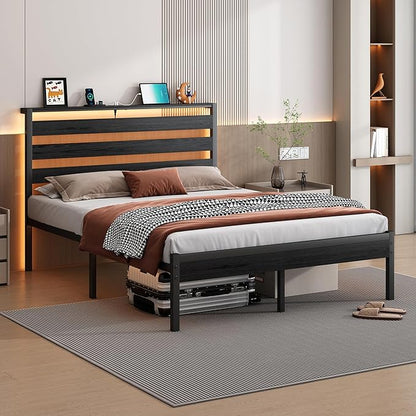 14 Inch Classic Metal Platform Bed Frame-Queen Bed Frame with Headboard,Steel Slats Support-LED Bed Frame with USB Charging Station,Under Bed Storage,No Box Spring Needed,Noise Free