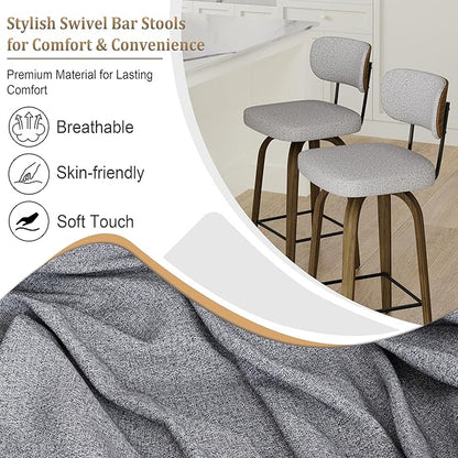 Swivel Counter Height Bar Stools with Back Set of 2, 26" Fabric Upholstered Kitchen Bar Stools with Wood Legs and Metal Footrest for Kitchen Island (Grey Fabric)