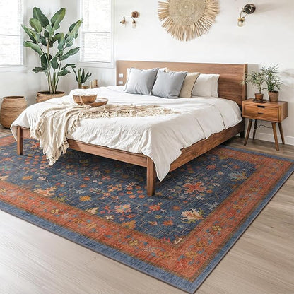 Washable Navy Blue Living Room Rug, 8x10 Area Rug For Bedroom, Dining Room Rugs for Under Table - Low Pile Non-Slip Rubber Backing Stain Resistant Rug - Aethestic Boho Home Decor (8x10 Navy Blue)