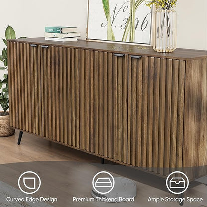Smuxee 63" Fluted Sideboard Cabinet, Freestanding Walnut Buffet Cabinet with Adjustable Shelf, Wood Storage Cabinet for Living Room, Entryway, Hallway