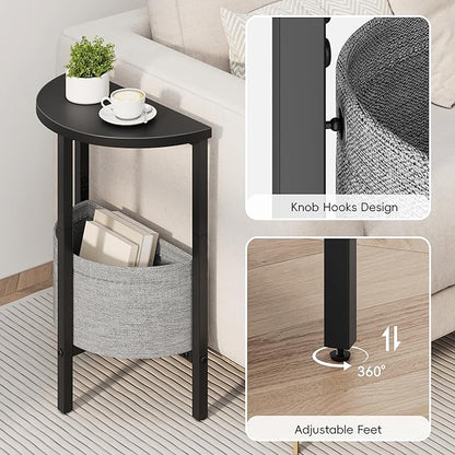 Vagusicc Small Round Side Table End Table, Tall Accent Table with Storage Basket, Set of 2 Half Round Tables Half Moon Tables, Coffee Bedside Tables, Modern Nightstand for Living Room Bedroom, Black