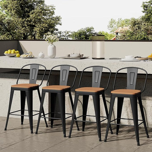 Outdoor Metal Bar Stools Set of 4,30 inch Barstools Counter Height Bar Stool with High Back Farmhouse Kitchen Dining Chairs Bar Funiture for Outside