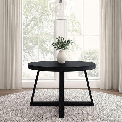 Plank+Beam Round Dining Table, 47 Inch Solid Wood Kitchen Table, Farmhouse Round Table for 4, Small Dinette Table, Black Wirebrush