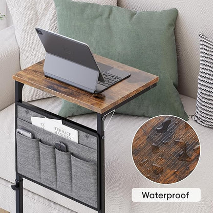 Vagusicc C Shaped End Table, 33'' Tall Side Table for Couch, Adjustable Height Small Couch Side Table for Small Spaces, End Table Slide Under Sofa Table TV Tray Table Arm Table for Living Room, Brown