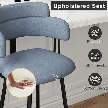 Swivel Bar Stools Set of 2, Counter Height Bar Stools with Ergonomic Full Back, Upholstered Linen Fabric Barstools with Chrome Metal Footrest for Kitchen Island, Dining Room