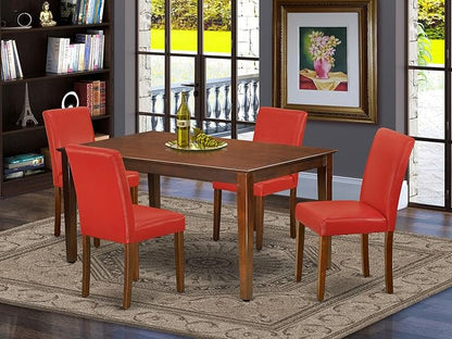 East West Furniture CAAB5-MAH-72 5 Piece Dining Set Includes a Rectangle Dining Room Table and 4 Firebrick Red Faux Leather Upholstered Chairs, 36x60 Inch, Mahogany