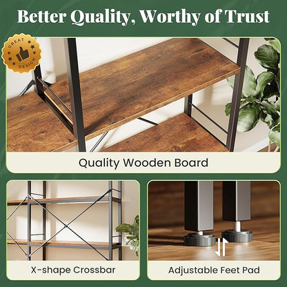Huuger 5 Tier Bookshelf, L Shaped Corner Bookshelf with 10 Open Shelves, 49.4 Inch Straight Wide Bookcase with Metal Frame and Wooden Board, Adjustable Feet, Rustic Brown