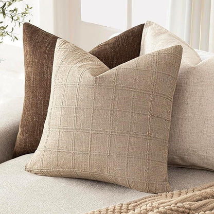 Foindtower Set of 2 Decorative Linen Check Throw Pillow Covers Neutral Farmhouse Vintage Cushion Covers Modern Coastal Boho Home Decor For Sofa Chair Couch Bedroom Living Room Outdoor,20×20 Inch,Camel