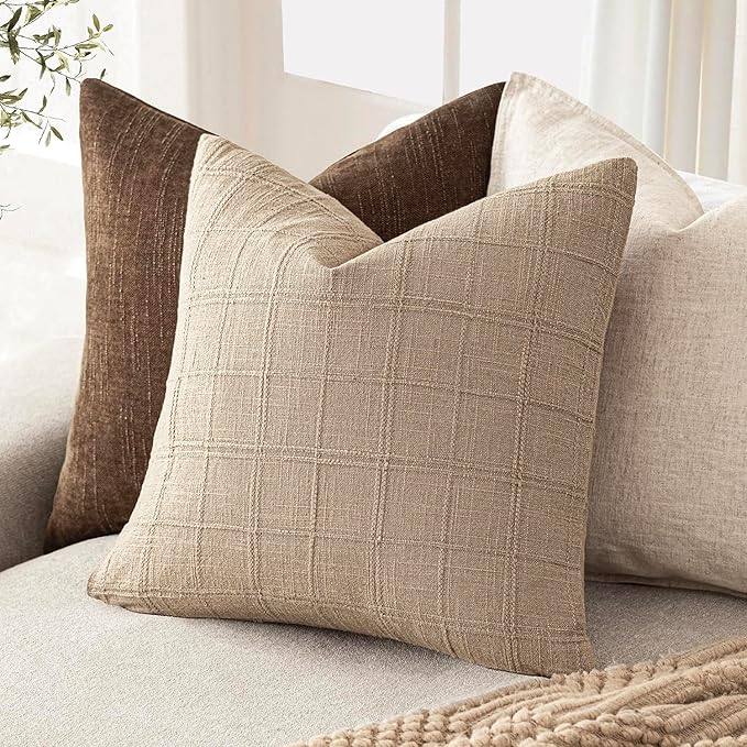 Foindtower Set of 2 Decorative Linen Check Throw Pillow Covers Neutral Farmhouse Vintage Cushion Covers Modern Coastal Boho Home Decor For Sofa Chair Couch Bedroom Living Room Outdoor,26×26 Inch,Camel