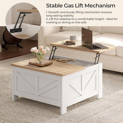Yaheetech Farmhouse Lift Top Coffee Table with Storage, Square Coffee Table for Living Room, 31.5 Inches Center Tables with Large Hidden Storage Compartment for Home Office, White & Light Oak