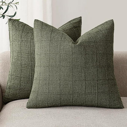 Foindtower Set of 2 Decorative Linen Check Throw Pillow Covers Neutral Farmhouse Vintage Cushion Covers Modern Boho Home Decor for Sofa Chair Couch Bedroom Living Room Outdoor,16×16 Inch,Olive Green
