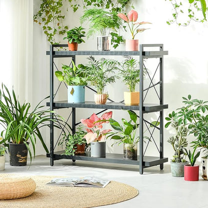 HCHQHS Bookshelf, 3-Tier Industrial Bookcase, Black Open Book Shelf, Freestanding Horizontal Bookshelves with Metal Frame