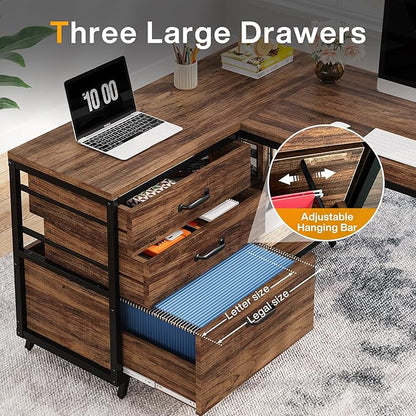 Tribesigns L-Shaped Computer Desk with 3 Drawers, Reversible Corner Home Office Desk with Shelves, 53-Inch Industrial PC Desk Study Writing Table Workstation for Small Space, Rustic Brown