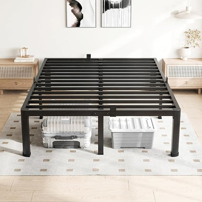 16 Inch Queen Bed Frame, 3500Lbs Heavy Duty Metal Platform with Round Corner Legs Mattress Slide Stopper, Steel Slat Support No Box Spring Needed, Noise Free, Non-Slip, Easy Assembly