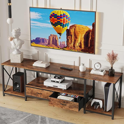TV Stand with Fabric Drawers for 80 85 Inches TV - Entertainment Center and Industrial TV Console Table with Open Storage Shelves for Living Room, Bedroom- 79.1" Rustic Brown