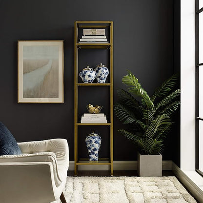 Crosley Furniture Aimee Narrow Bookshelf with Glass Shelves, Bookcase Storage, Gold and Glass
