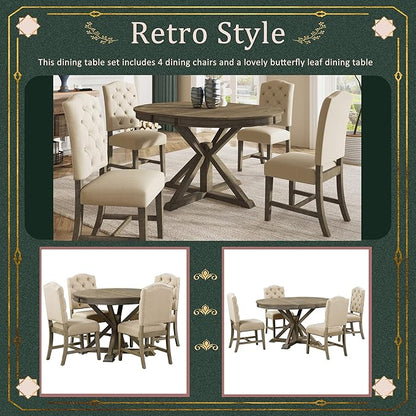 SogesPower 5-Piece Round Farmhouse Retro Dining Table Set for 4, Space-Saving Kitchen Table Set with Extendable Table and 4 Upholstered Chairs for Dining Room Living Room,Natural Wood