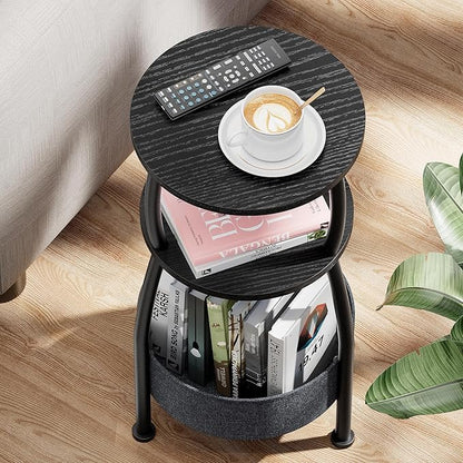 Small Round end Table for Living Room with Storage Basket –Small Space Saving End Table 3-Tier Accent Nightstand Couch Corner Table for Sofa, Bedroom, Patio and More 24in Tall Classic Black