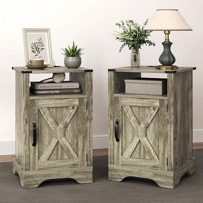 RoyalCraft Nightstand Set of 2, Grey End Table with Charging Station, Tall Farmhouse Bedside Table with Large Storage and Shelf, Wooden Side Table with for Bedroom, Home Office, Light Grey