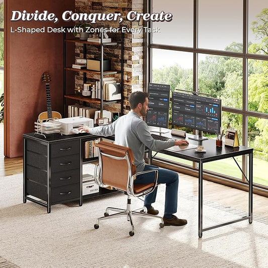 PRAISUN 61" L Shaped Desk with Power Outlets and USB-C Port, Reversible Computer Corner Office Desk with 4 Fabric Drawers and 2 Height-Adjustable Shelves, Large for Gaming Writing Work Study，Black