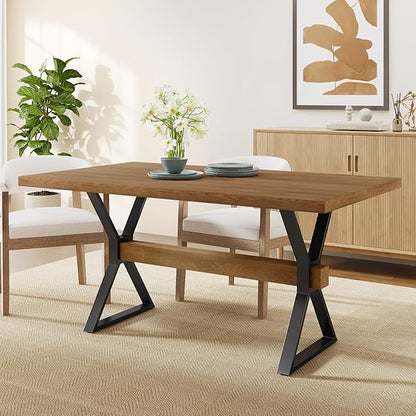 Christopher Knight Home Keyats 63 Inch Dining Table for 6 People, Modern Farmhouse Kitchen Table with X-Shaped Metal Legs, Rectangular Dinner Furniture for Dining Room, Home Office, Brown