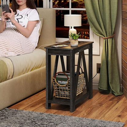 WLIVE End Tables Living Room Set of 2 with Charging Station, Sofa Side Tables with Open Storage Shelf, Slim Farmhouse End Table Sets, Charcoal Black