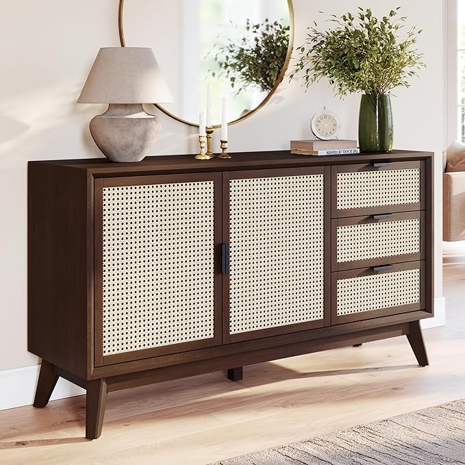 Bme Jasper Sideboard with 3 Drawers & 2 Rattan Doors, Buffet Cabinet with Storage for Dining Room, Living Room, Adjustable Shelves, Walnut