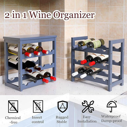 Wine Rack, 6 Tier 24 Bottles Bamboo Wine Organizer Holder, Floor Freestanding Wobble-Free Wine Display Storage Shelf for Kitchen with Tabletop, Grey
