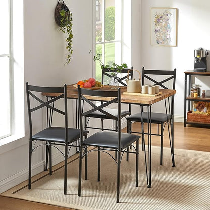 VECELO 5-Piece Dining Table Set for Home Kitchen Small Space Breakfast Nook, 4 Faux Leather Metal Frame Chairs, Retro Brown