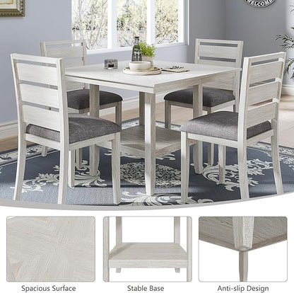 5-Piece Solid Wood Dining Table Set for 4, Modern Breakfast Dinette Kitchen Table with Bench & Chairs for Dining Room, Kitchen, Grey