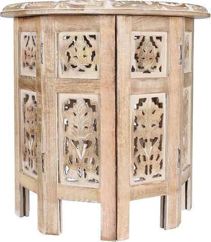 The Wooden Town Carved Wood Round End Table – 18" Accent Side Table for Living Room, White Washed Small Coffee Table, Handcrafted Altar Table, Solid Wood Design