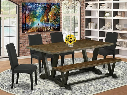 East West Furniture V677DR124-6 6 Piece Dining Table Set Contains a Rectangle Wooden Table with V-Legs and 4 Black Color Linen Fabric Parson Chairs with a Bench, 40x72 Inch, Multi-Color