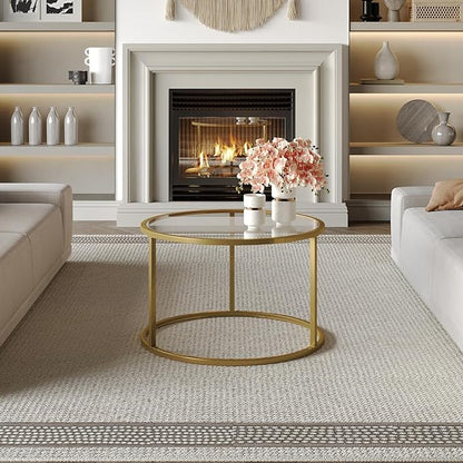 SAYGOER Small Glass Coffee Table Round Gold Coffee Table for Small Space Modern Simple Center Table with Gold Frame for Living Room Home Office, Easy Assembly