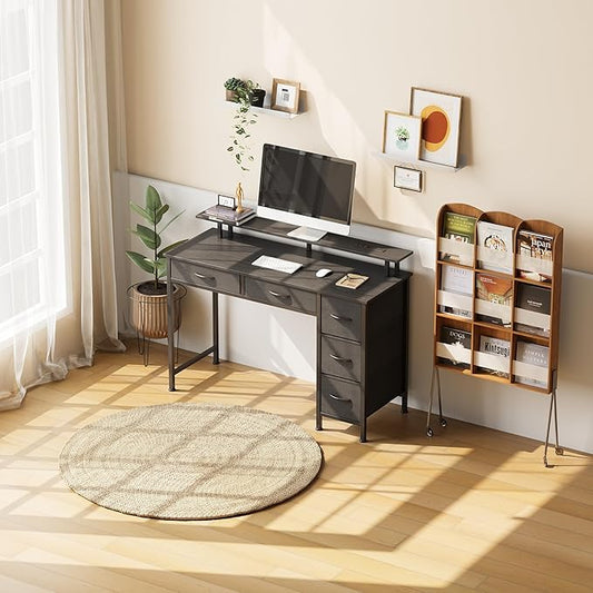 Computer Desk with 5 Drawers, Gaming Desk with LED Lights Power Outlets and Type-C, 39 Inch Office Desk with Storage, Monitor Stand, Writing Desk Work Table for Home Office, Small Spaces, Black