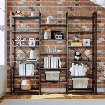 IRONCK Bookshelves 6 Tiers Triple Wide Industrial Bookshelf, Large Etagere Bookshelf Open Display Shelves with Metal Frame for Living Room Bedroom Home Office