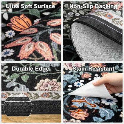 10x14 Area Rugs for Living Room: Floral Washable Rug Vintage Large Soft Boho Non-Slip Carpet Indoor Stain Resistant Low Pile Carpets for Bedroom Dining Room Farmhouse Nursery Home Office Dark Black