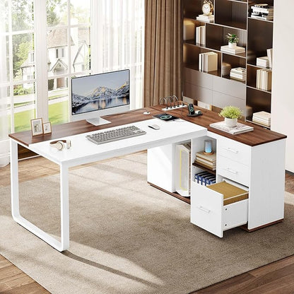 YITAHOME Executive Desk with Power Outlets, 71" L Shaped Desk with File Cabinet, Executive Desk with Drawers & Storage Shelves, Corner Office Desk with Bookshelf for Home Office, Walnut & White